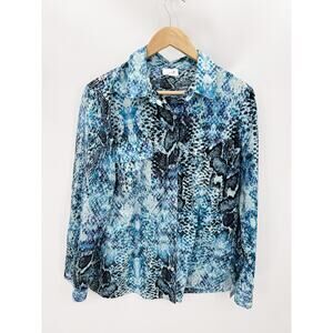 Jaclyn Smith Collection Top Women LARGE Blue Snakeskin Print Button Down
